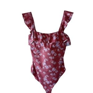 Eberjey Jace One Piece Swimsuit Red Floral Ruffle Trim Padded Sz‎ L